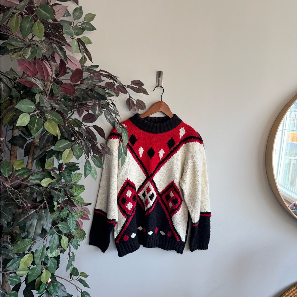 Vintage Geometric Sweater - Black, Red, Cream